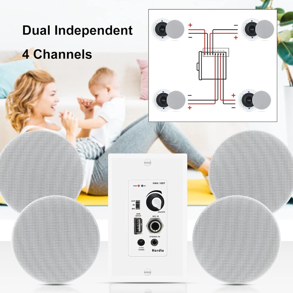 Herdio 4 Channels Bluetooth Wall Amplifier Volume Control USB/MIC/AUX(3.5mm)