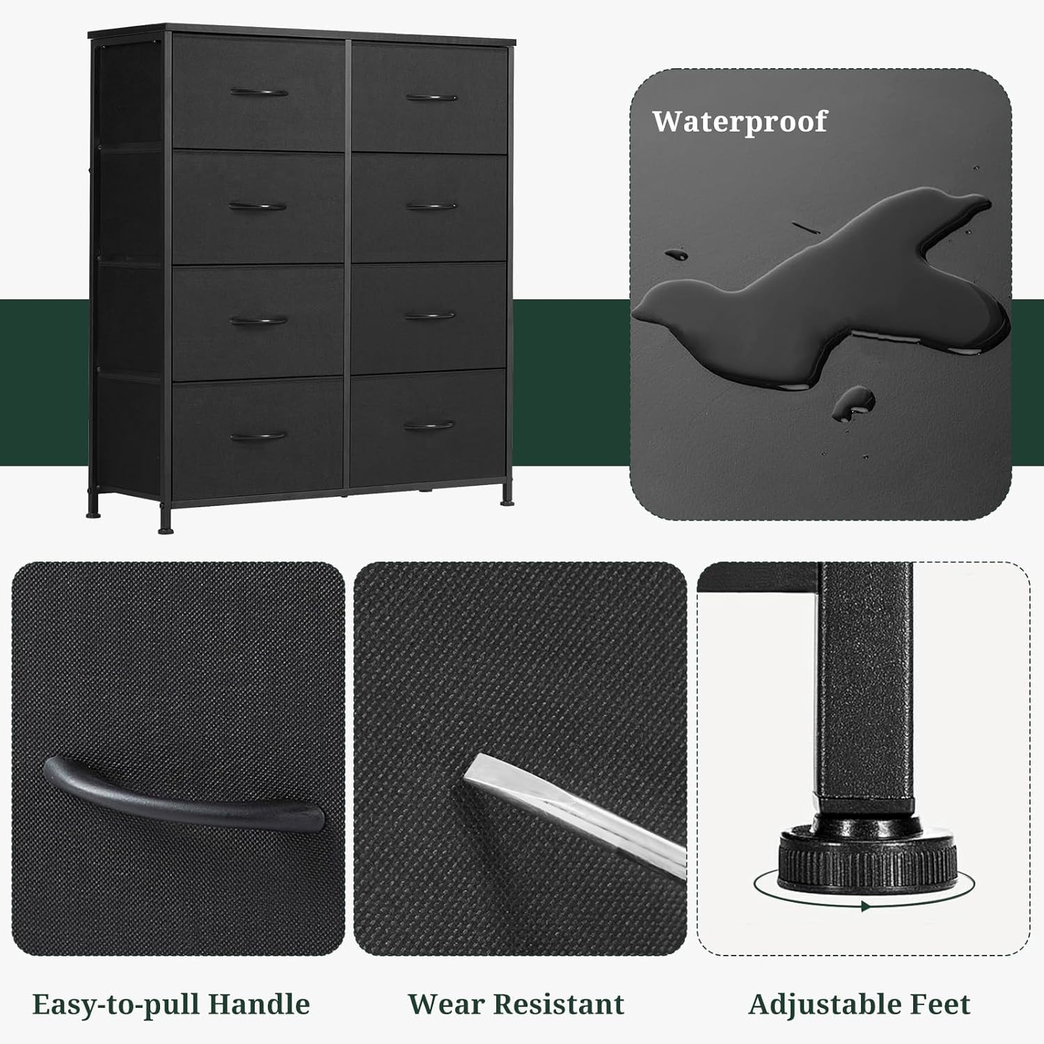 NEW 8 Drawer Organizer Dresser Storage Chest Bedroom Closet Wood Top Gray Fabric