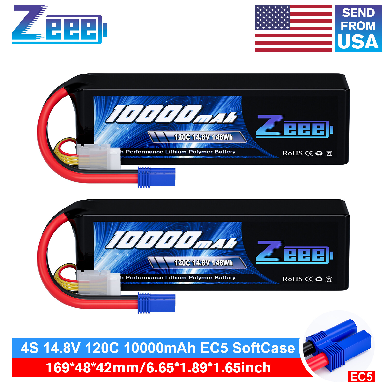 2x Zeee 4S Lipo Battery 10000mAh 14.8V 120C EC5 for Xmaxx RC Car Truck Tank