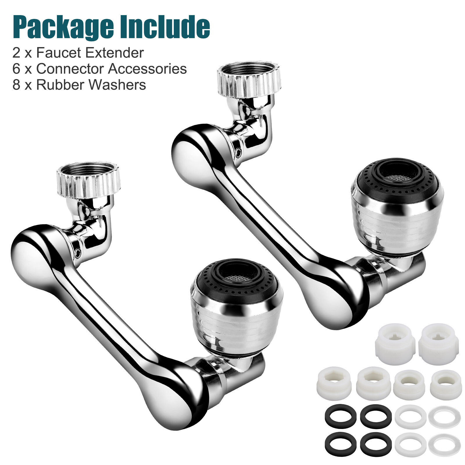 2 Pack Universal 1080° Swivel Extension Faucet Rotate Robotic Arm Tap Extenders