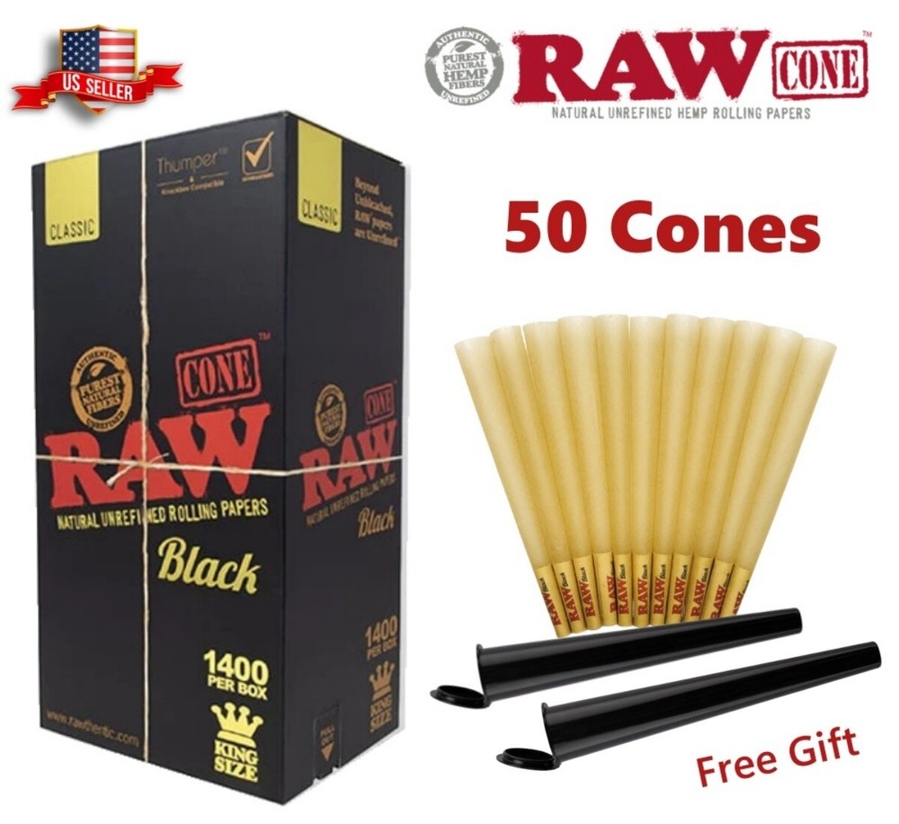 Authentic RAW Black King Size Pre-Rolled Cones 50 Pack & 2 Tubes