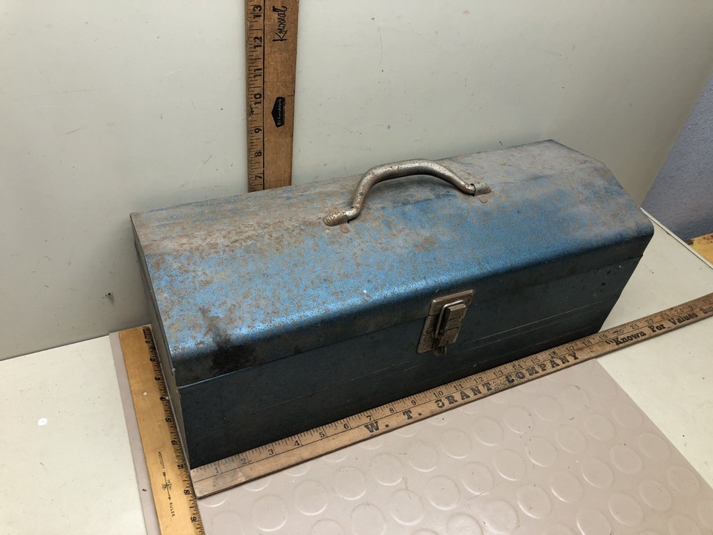 Vintage Blue Metal Toolbox With Red Tray Insert