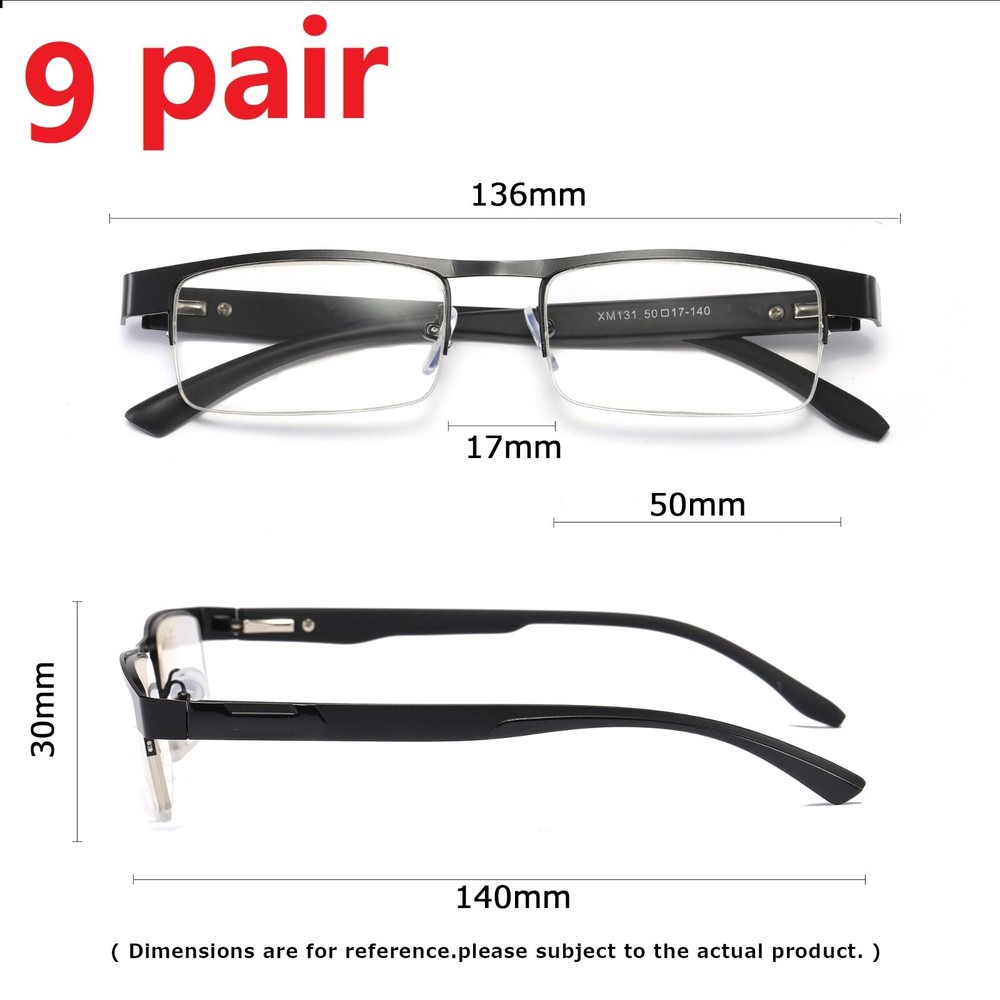 9 Pairs Black Mens Rectangular Half Frame Reading Glasses Spring Hinge Readers