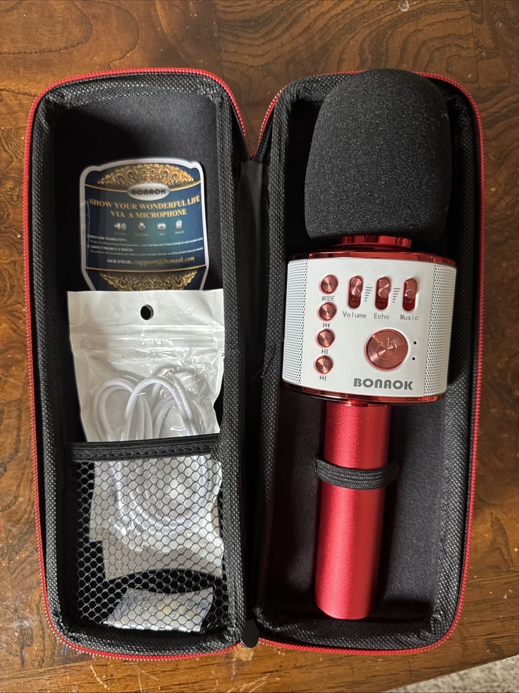 BONAOK Wireless Bluetooth Karaoke Microphone Red with Case