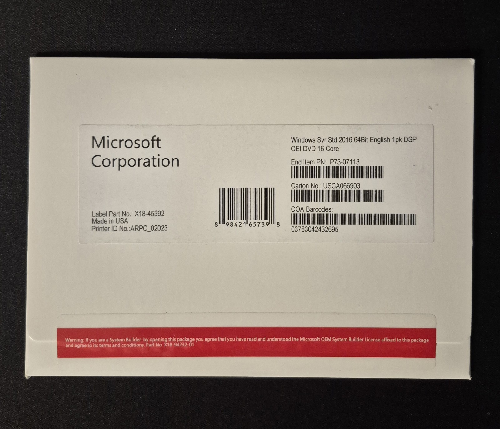 Microsoft Windows Server 2016 Standard x64 DVD 16-Cores + PRODUCT LICENSE KEY HD