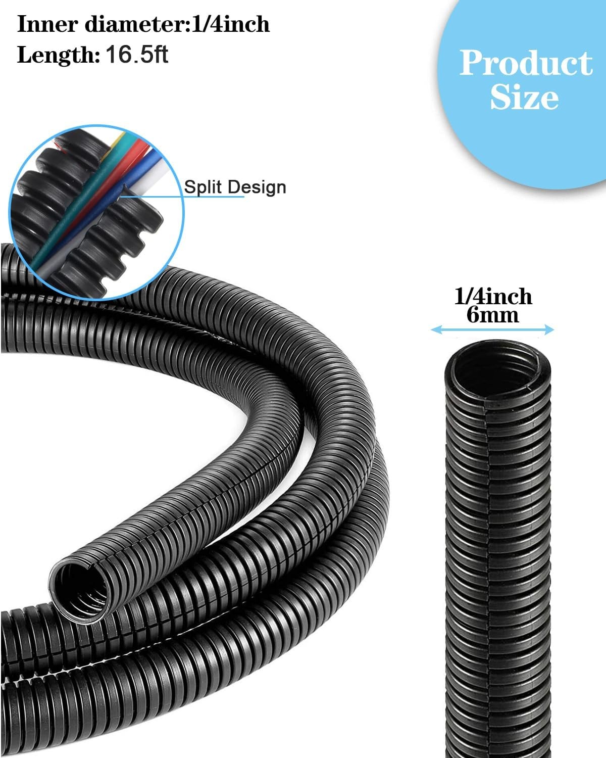 1/4" ID Wire Loom Split Tubing 16.5 ft Cord Protector Flexible Automotive Wire
