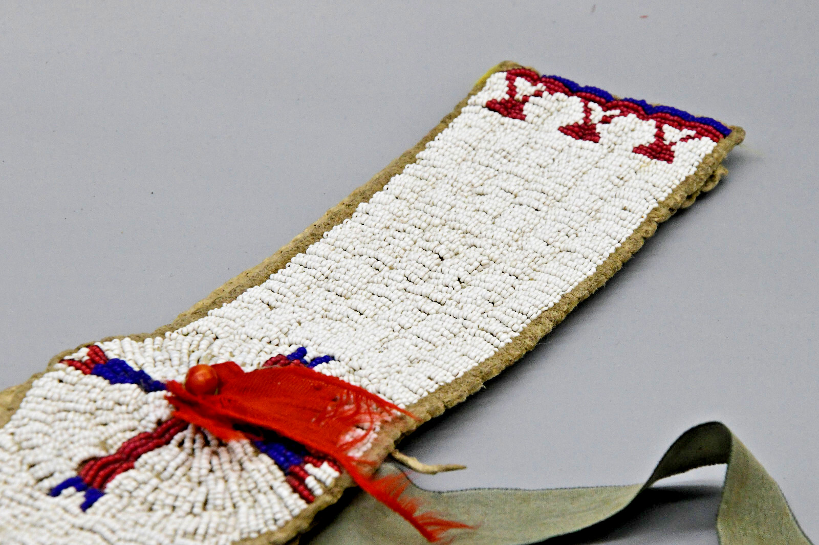 1890s Sioux Woman's Beaded Hide Blanket Strip w/Silk Ribbons 58" Long 2.75" Wide