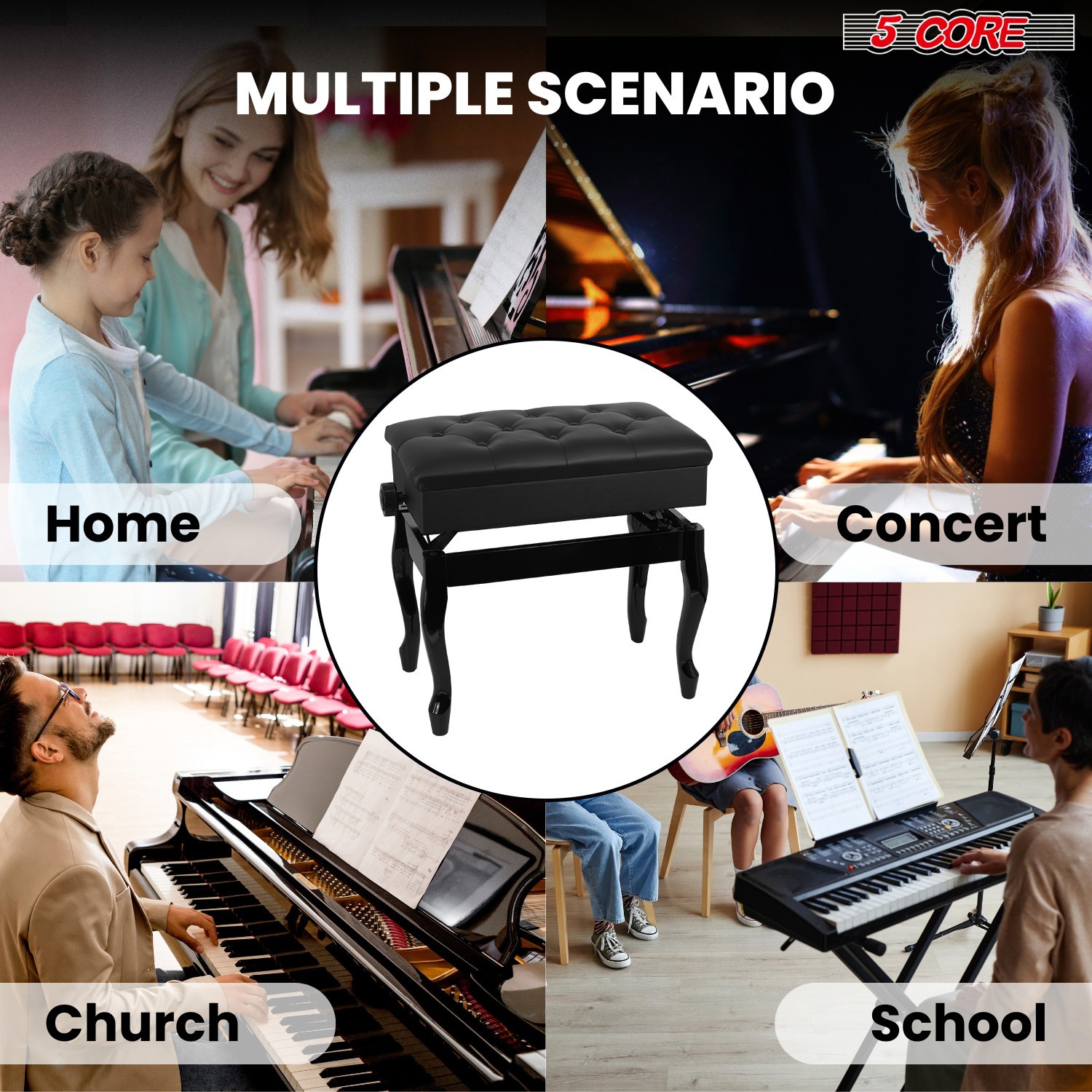 5 Core Piano Bench 3" Padded Cushioned Stool Wooden Heavy Duty Musician Chair