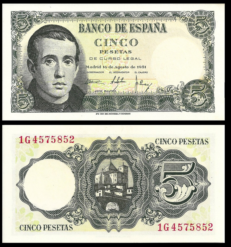 SPAIN 5 PESETAS 1951 P 140 UNC