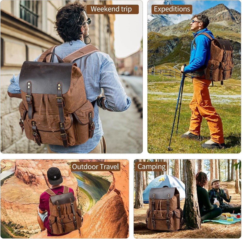 Genuine Leather Backpack for Men, Waxed Canvas Shoulder Rucksack...
