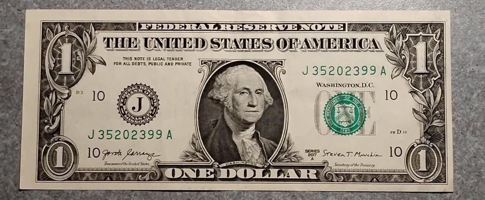Currency Mint Error Miscut 2017 A $1 Note J35202399A