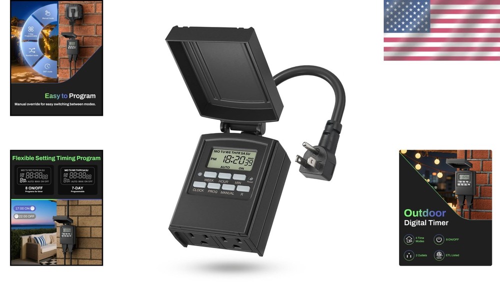 Weatherproof Digital Outdoor Timer with 8 Programs & Easy Push Button Control