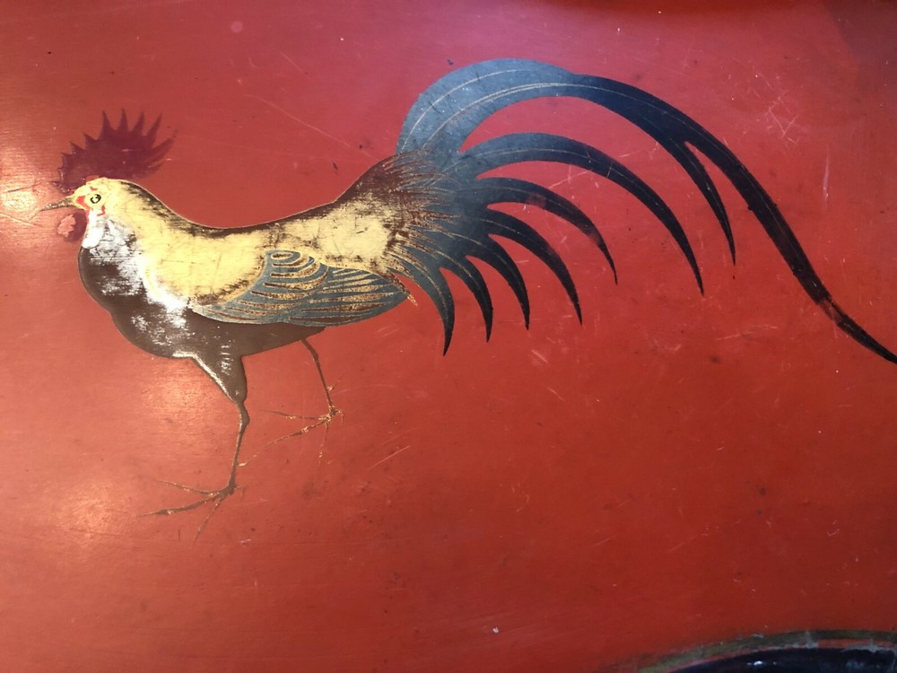 Antique Japanese Laquerware Rectangular Tray With Hand Painted Rooster