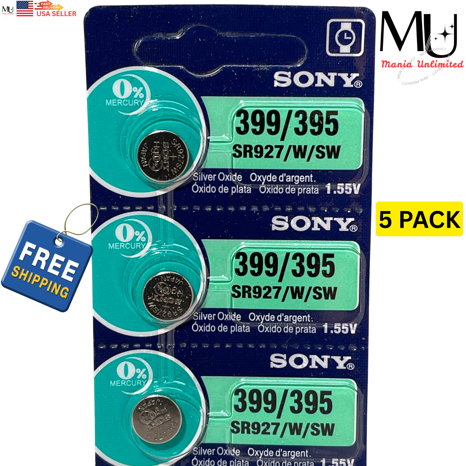 5 X PC SONY SR927SW 399 395 1.55V Coin Battery for Watch Exp Date 12-2031