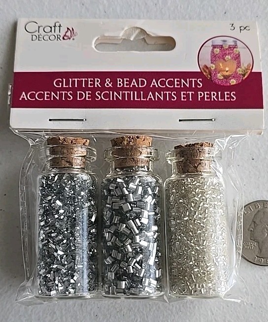 Craft Decor 3 PACK / Jar Glitter & Bead Accents DIY Craft Projects - SILVER