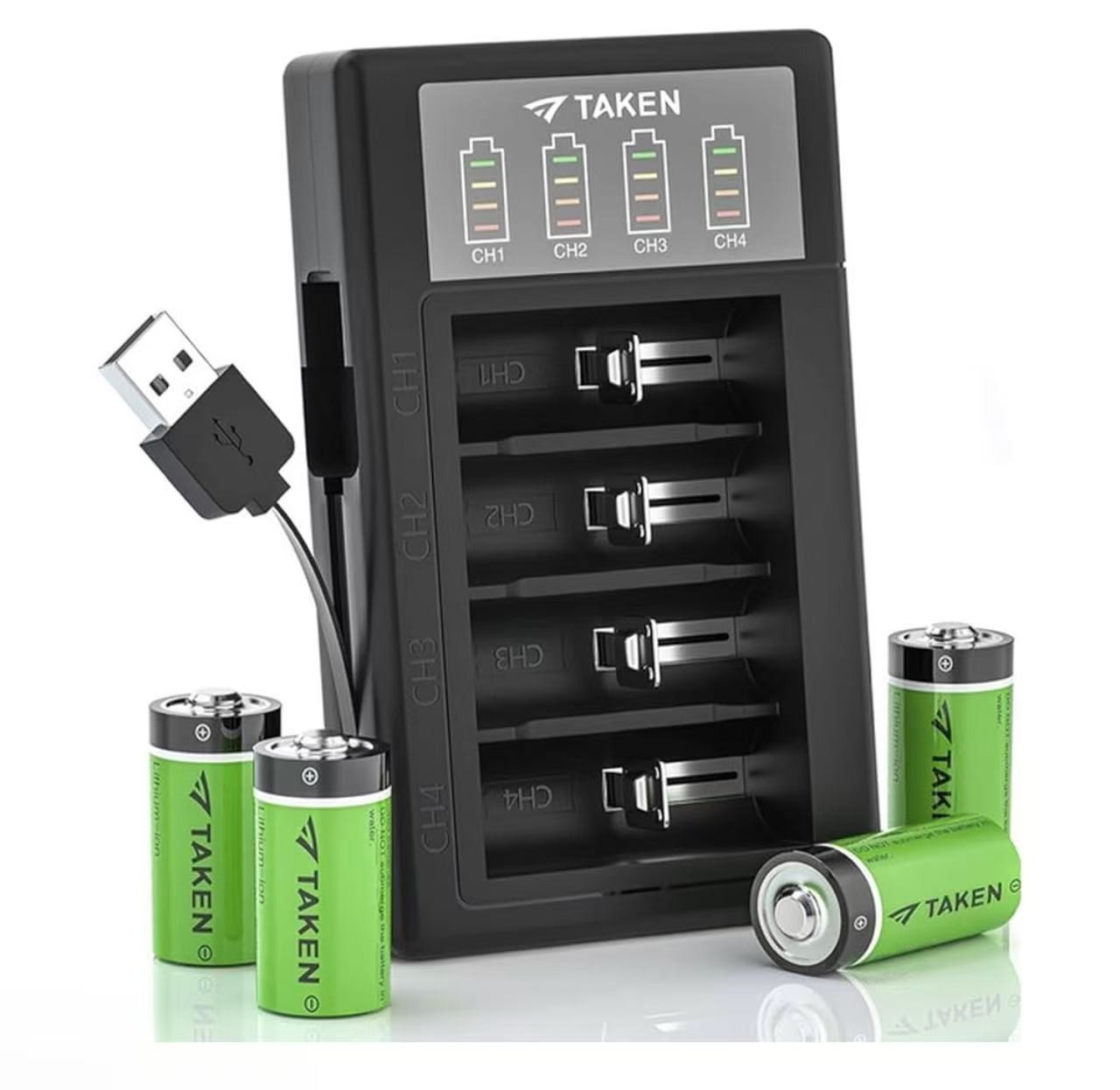 Taken CR123A Rechargeable Batteries 4 Pack, 3.7V Lithium Battery and LED Charger