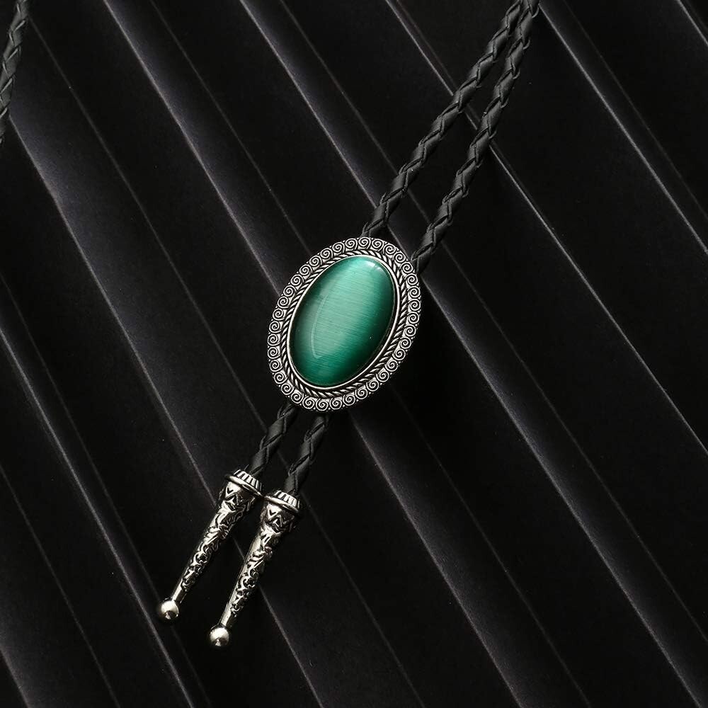 Versatile Round Shape Bolo Tie - Adjustable Green Cat Eye Agate and Leather