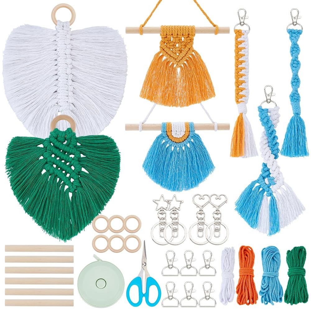7 Set DIY Macrame Ornaments Hanging Colorful Boho Macrame Keychain Kit Leave ...