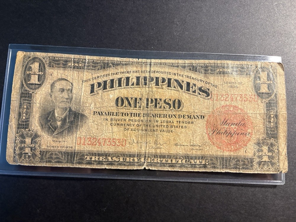 🇵🇭 1936 Philippines One Peso Note — Circulated 🔥 Exact Note