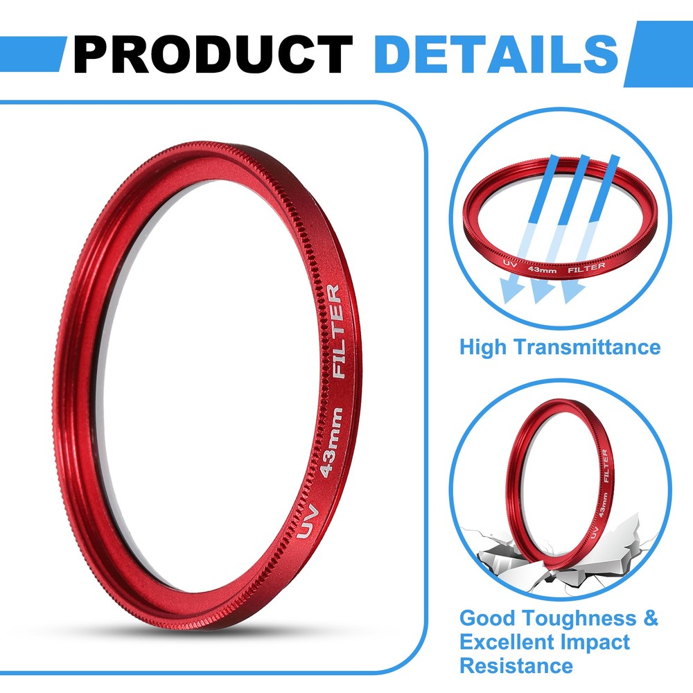 2Pcs 43mm Ultra Slim Lens Filter Multi Coating Camera Len Filter, Red