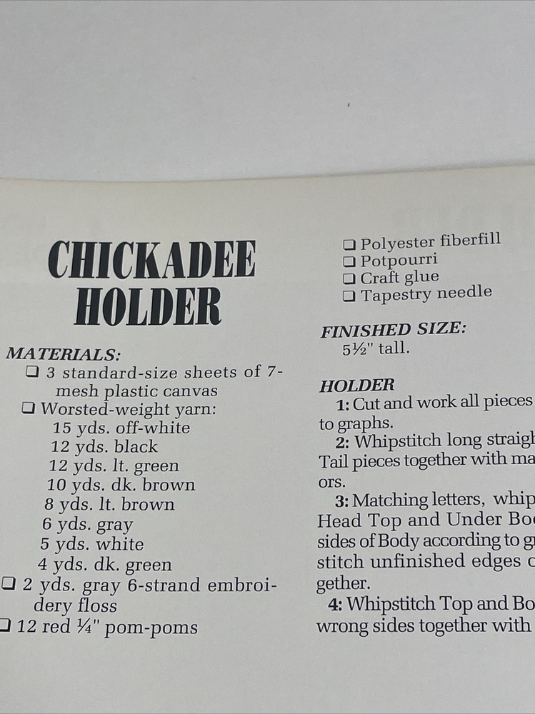 Chickadee Holder Annie's Attic Plastic Canvas Pattern