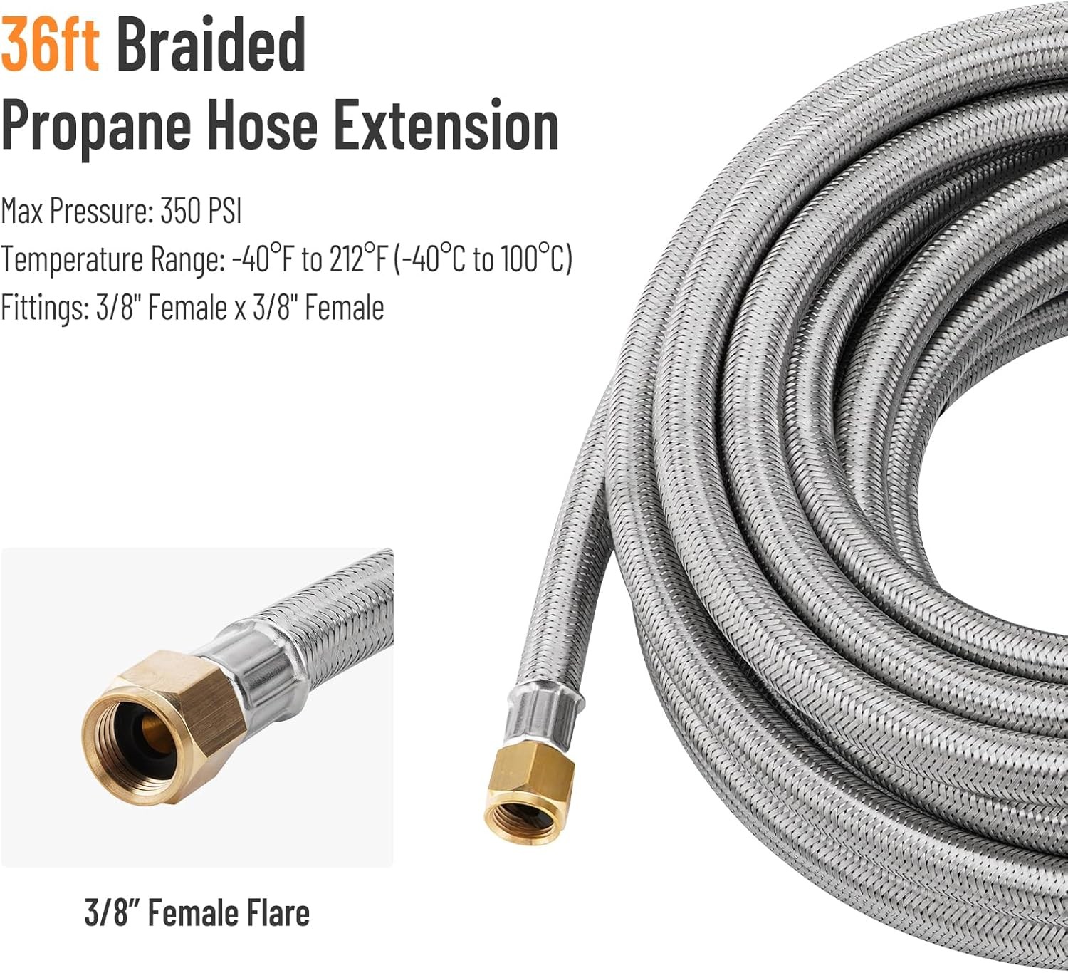 36FT Propane Hose Extension-High Pressure Braided Gas Line Hose Propane Conv....