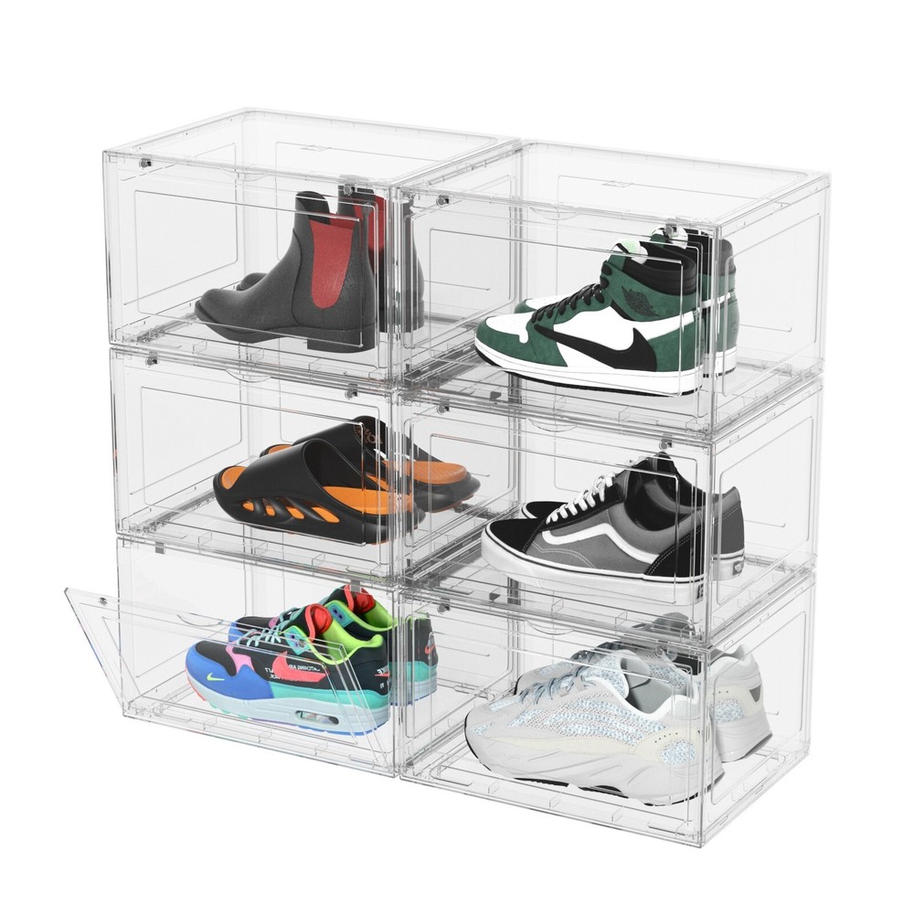 Large 6 Pack Plastic Stackable Shoe Organizer with Magnetic Door, Clear