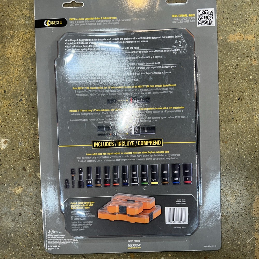 Klein Tools 65111IMPCT KNECT 1/2" Drive Deep Well Impact Socket Set, SAE, 14 Pc.