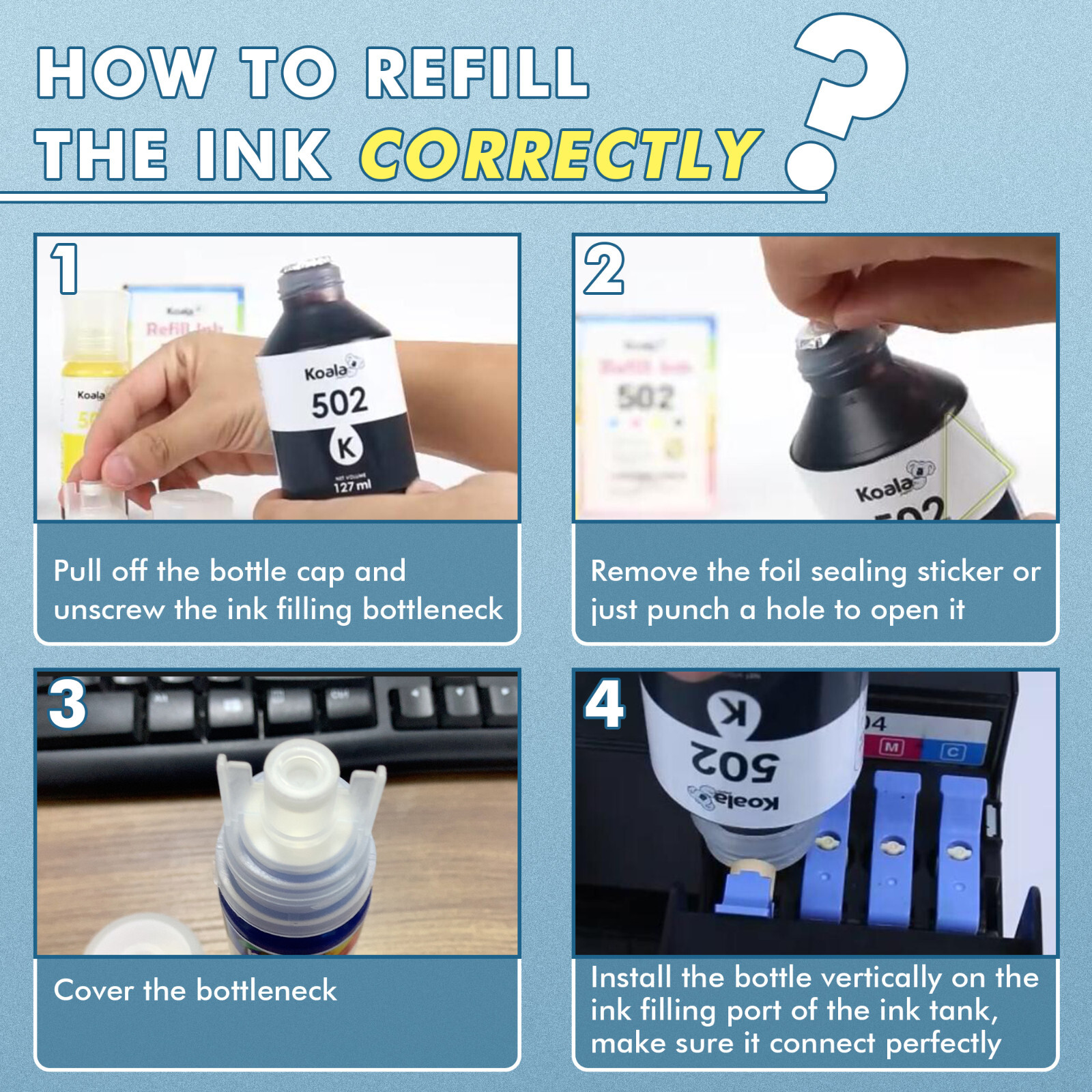 4PK Koala Ink Refill Kits Fit ET-2750 2760 2850 2700 3760 4760 ST-2000 Epson 502