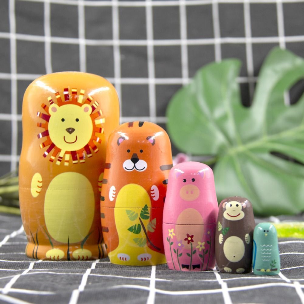 5 Pcs Cute Nesting Dolls Handmade Wooden Different Pattern Animals Pattern Toys