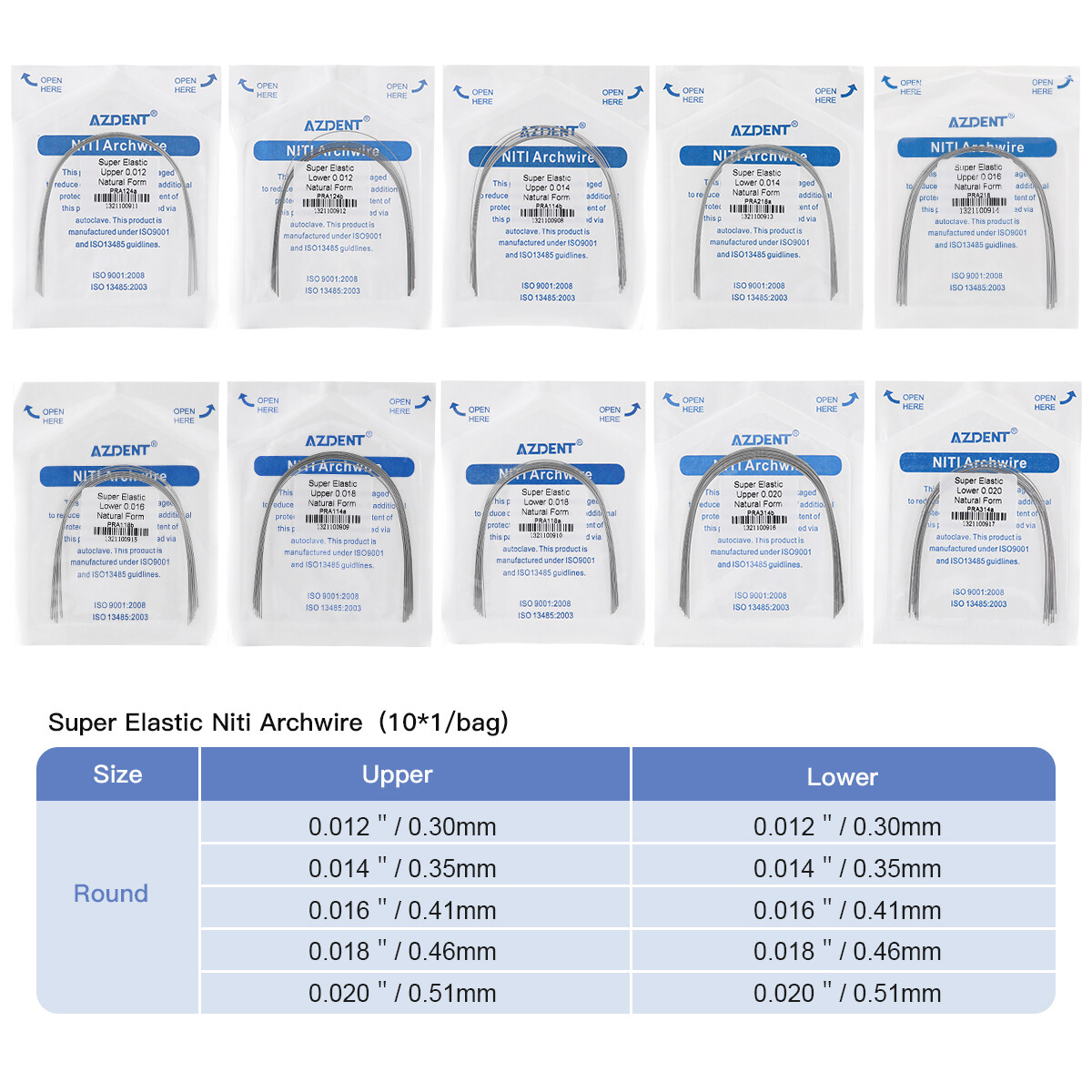 AZDENT Dental Orthodontic Arch Wire Super Elastic Niti Round Natural Form USA