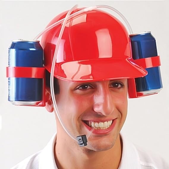 Drinking Helmet - Can Holder Drinker Hat Cap with Straw for Beer and Soda Red