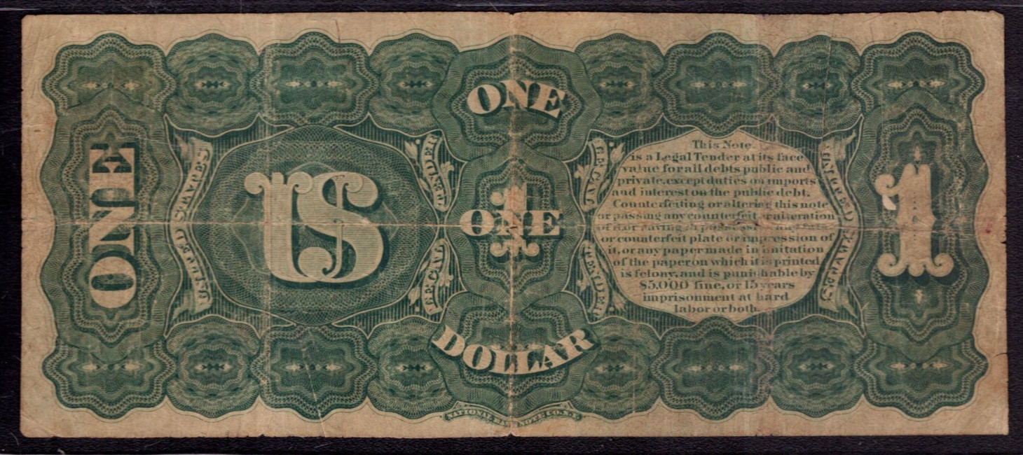 1869 $1 LEGAL TENDER RAINBOW NOTE FR.18 ALLISON SPINNER PCGS B FINE F 12