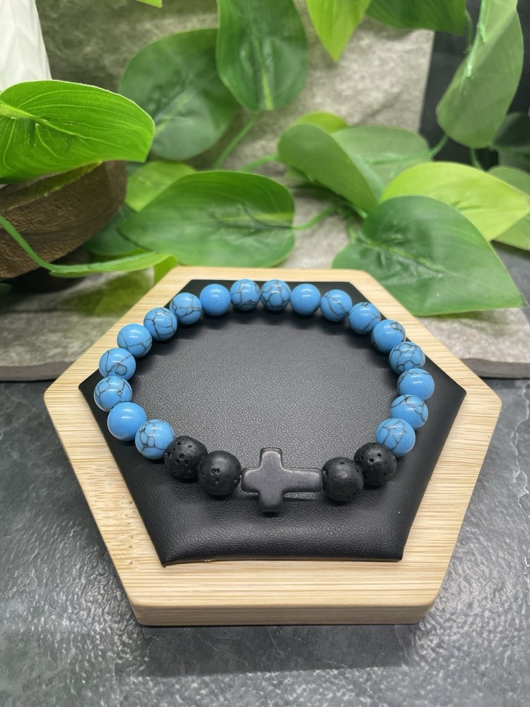 Handmade Stone Bead Stackable 7” Plus Stretch Bracelet Cross New Free Ship B8334