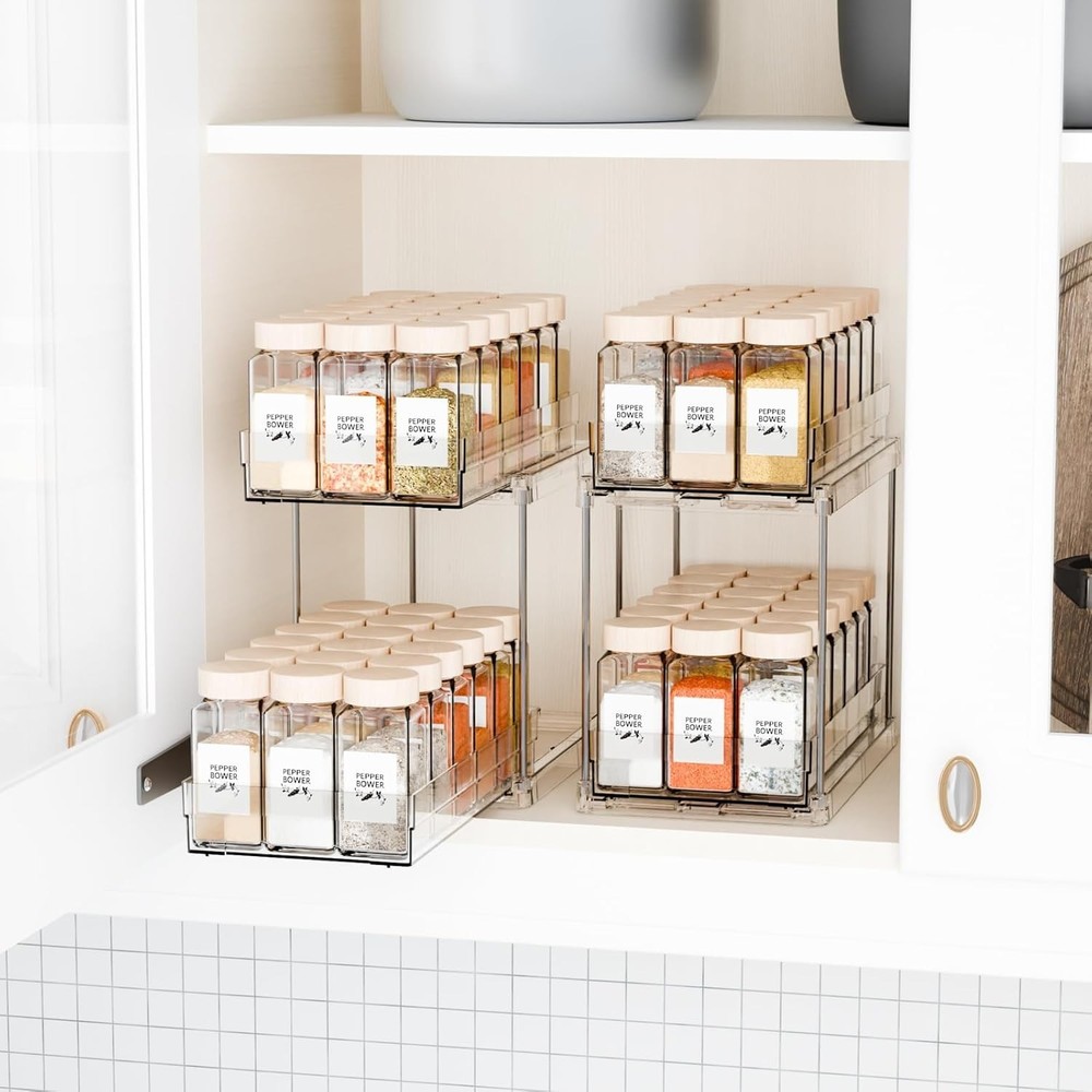 2 Pack 2 Tier Vertical Spice Rack Pull Out,10.4'' Deep Narrow Slide Out Spice