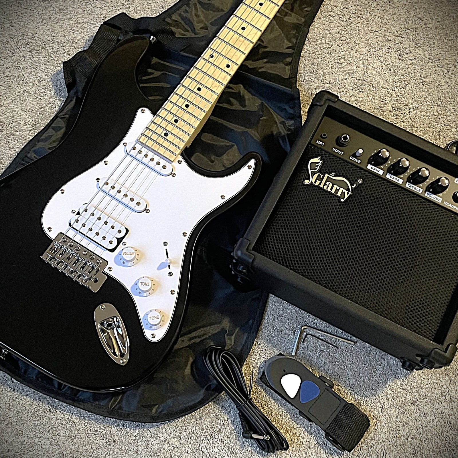 Full-Size Black Electric Guitar Starter Package with 20-Watt Amp, HSS Pickups