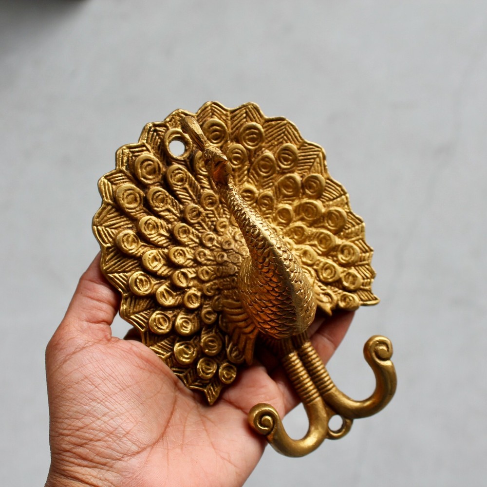 Antique Solid Brass Peacock coat hook rustic VTG bronze hook mid century modern