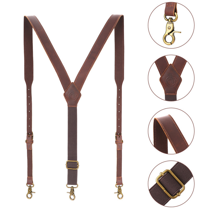 TOURBON Leather Suspenders Y Back Adjustable Y-Shape Pants Brace