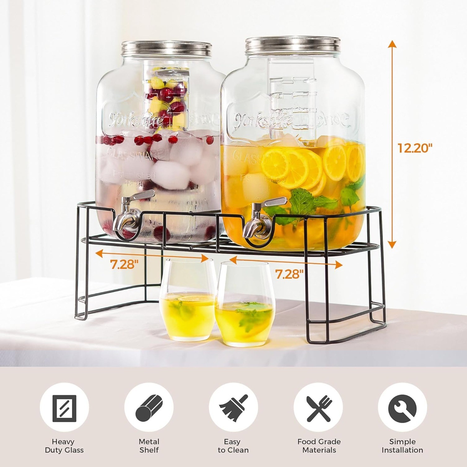 2 PACK 2 Gallon Leakproof Glass Beverage Drink Dispensers Metal Stand and Lid