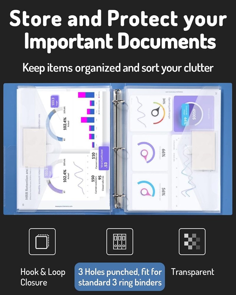 10 Pack 8.6 x 11.6 inches 3 Ring Clear Poly Binder Pocket with Hook Loop Closure