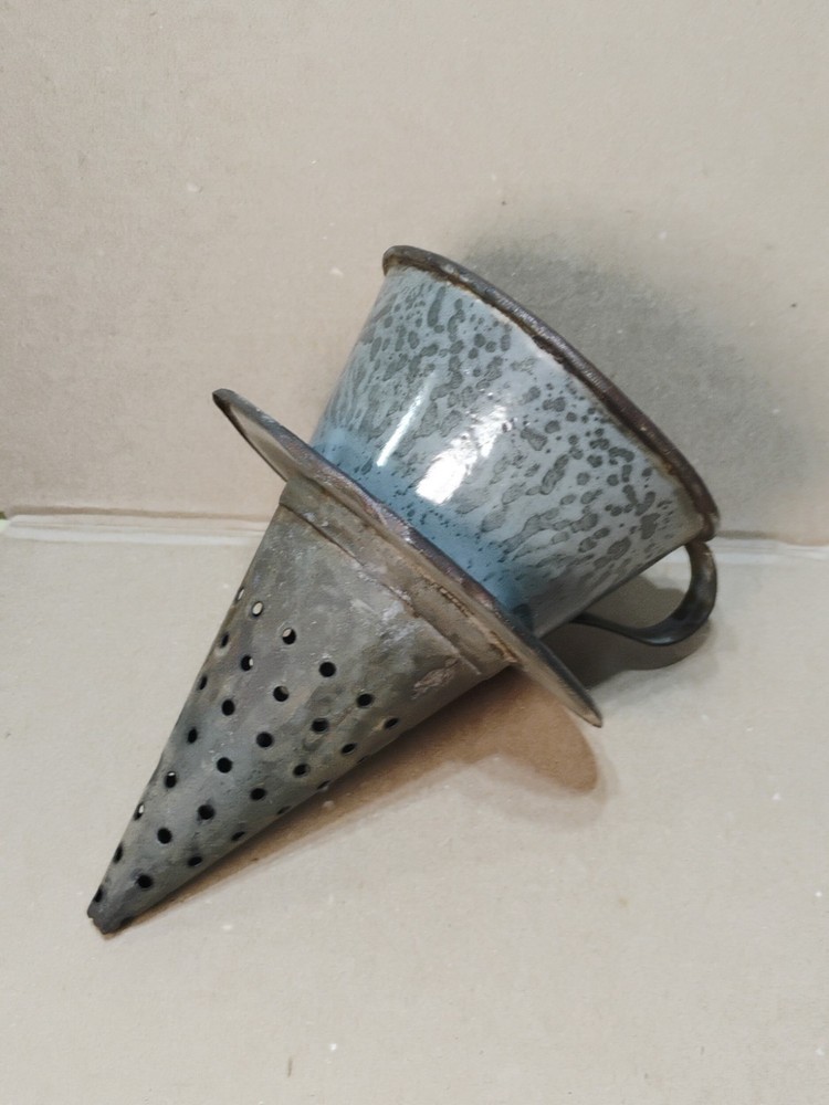 Vintage / Antique  Witches Hat Enamelware Graniteware Strainer