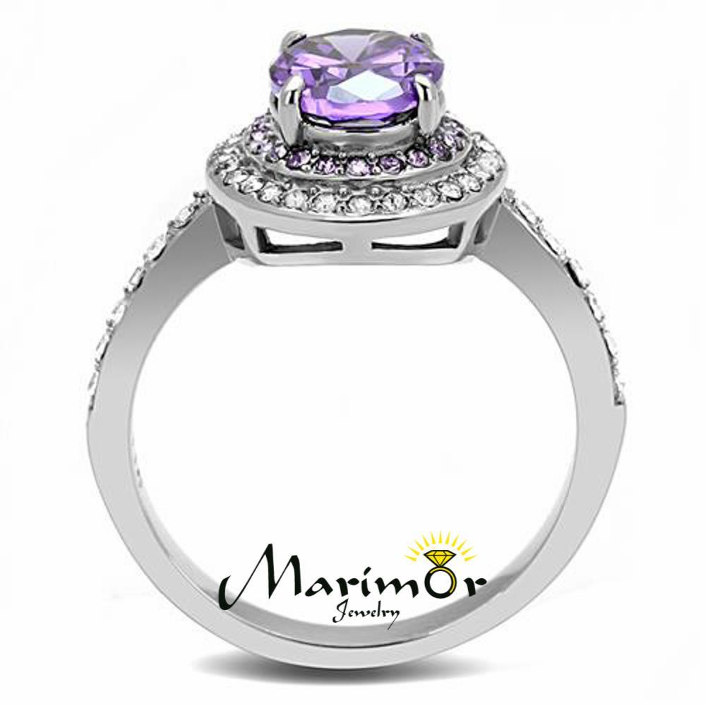 2.2 Ct Oval Cut Amethyst Color Cz Stainless Steel Halo Engagement Ring Size 5-10