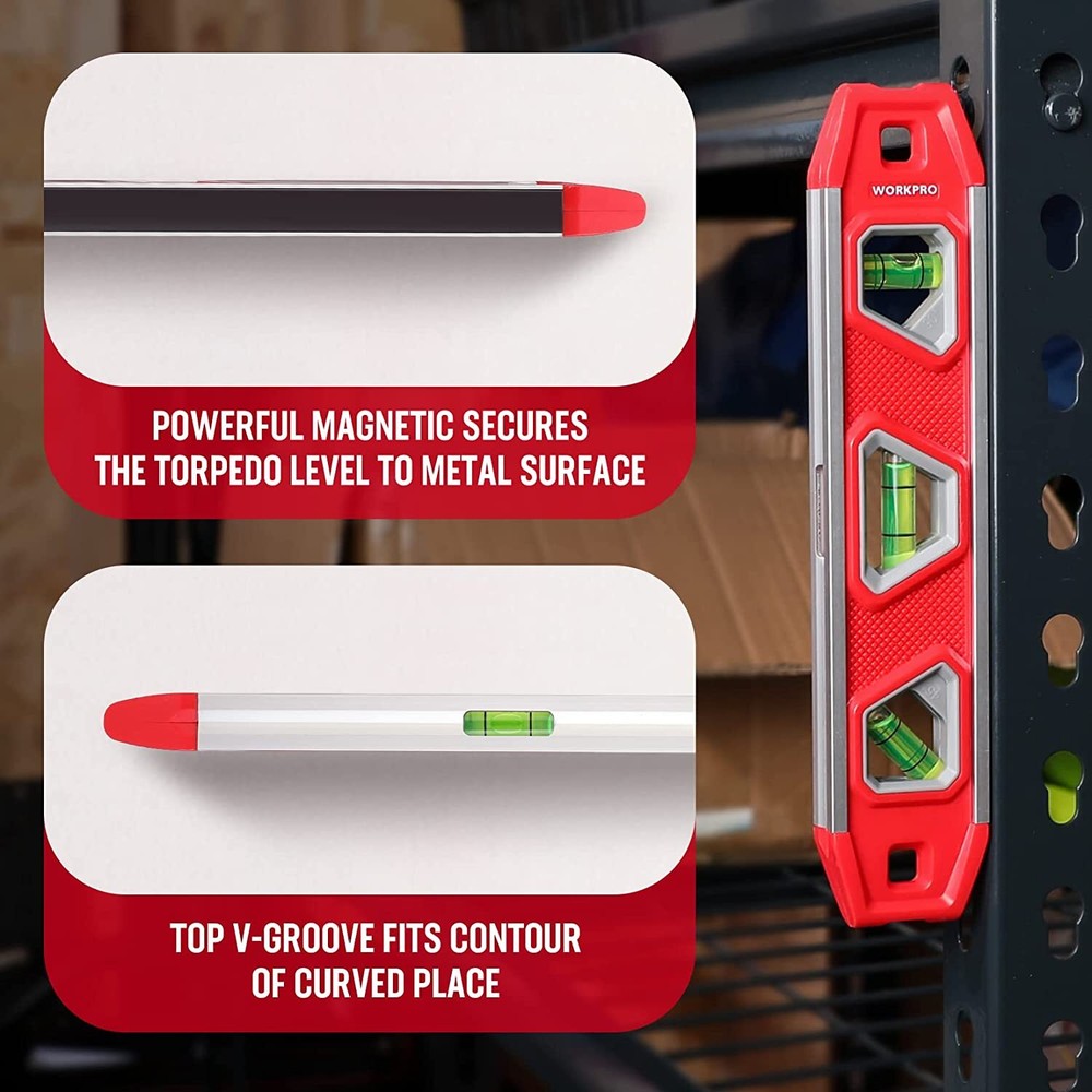 WORKPRO 9-Inch Torpedo Level Magnetic, Small Leveler Tool w/3 Different Bubbles