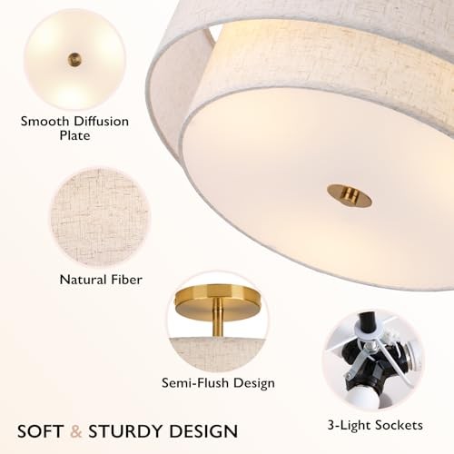 16" Double Drum 3-Light Semi Flush Mount Ceiling Light, Classic Fabric Gold