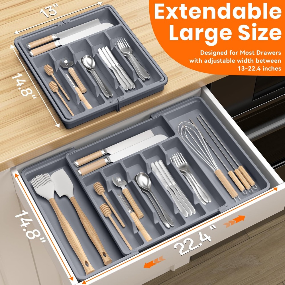 RoomHacks Large Silverware Organizer,Expandable Utensil Drawer Gray