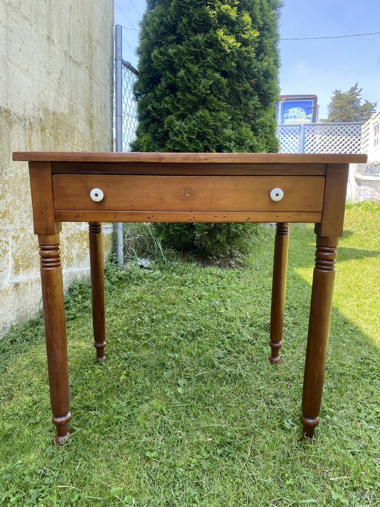 Antique Solid Maple Farmhouse Table with Drawer, Turned Legs, Rustic Desk