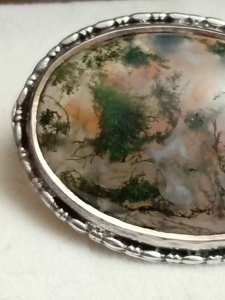 Vintage Silver & Moss Agate Brooch
