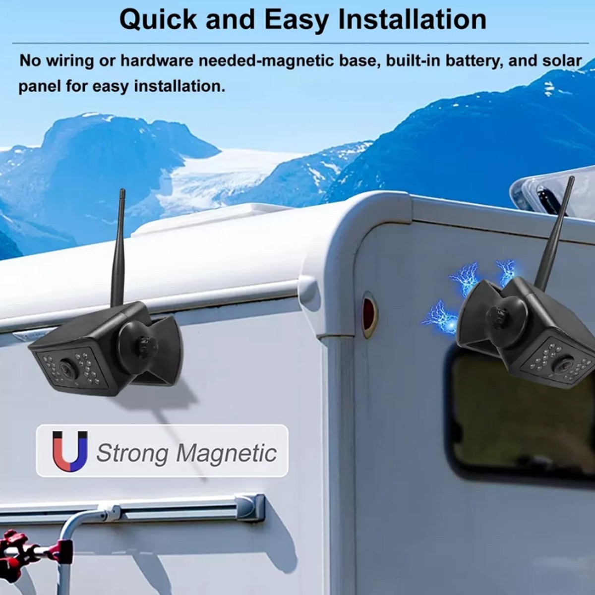 5" Monitor 1080P Solar Magnetic Wireless RV Backup Camera for Car Trailer Truck