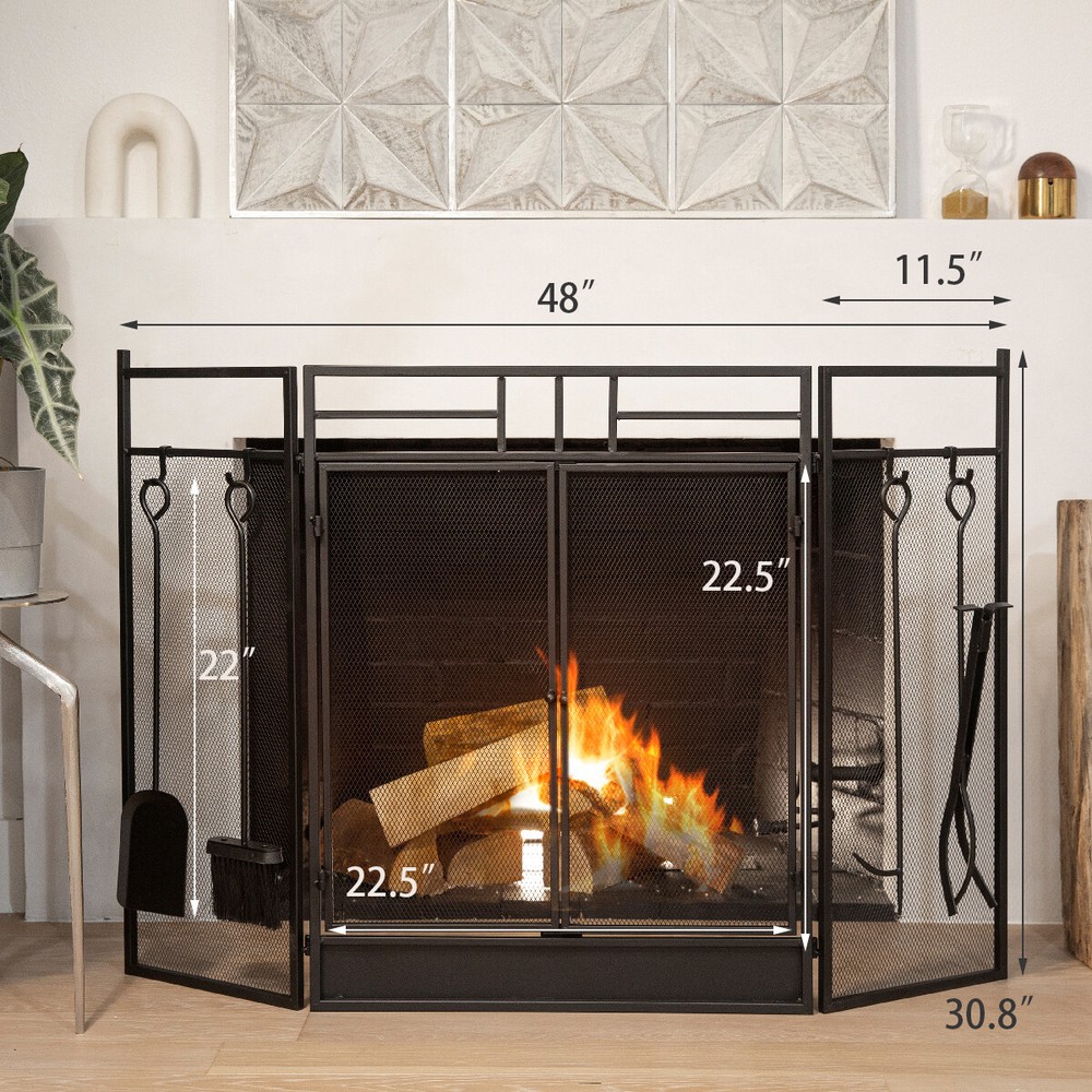 3 Panel Fireplace Screen Fire Spark Guard Hinged Doors With 4-Fireplace Tools