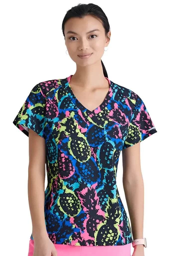 SKETCHERS WOMEN SCRUB PRINT TOP SPANDEX STRETCH PINEAPPLE POP, IN ALL SIZES, NWT